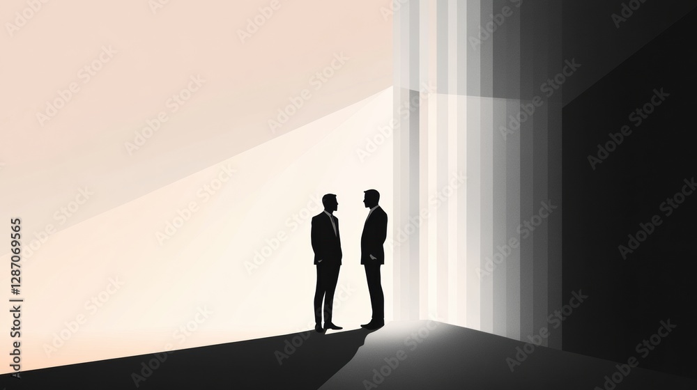 Two men in suits conversing in a minimalist setting with stark lighting and shadows at dusk. Generative AI Two men in suits conversing in a minimalist setting with stark lighting and shadows at dusk. Generative AI