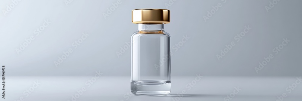 Clear glass container with a golden cap on a neutral background. Generative AI Clear glass container with a golden cap on a neutral background. Generative AI