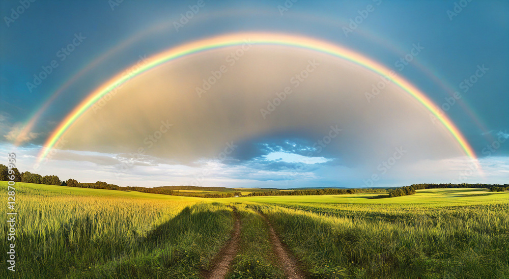 Breathtaking double rainbow arching over a lush green field under a bright blue sky Breathtaking double rainbow arching over a lush green field under a bright blue sky