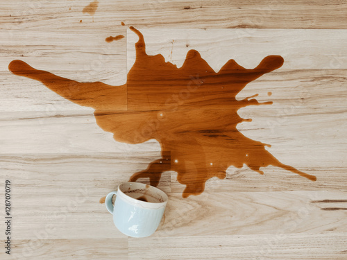 Spilled coffee on the floor, fallen mug – clumsiness, morning incident, caffeine mishap