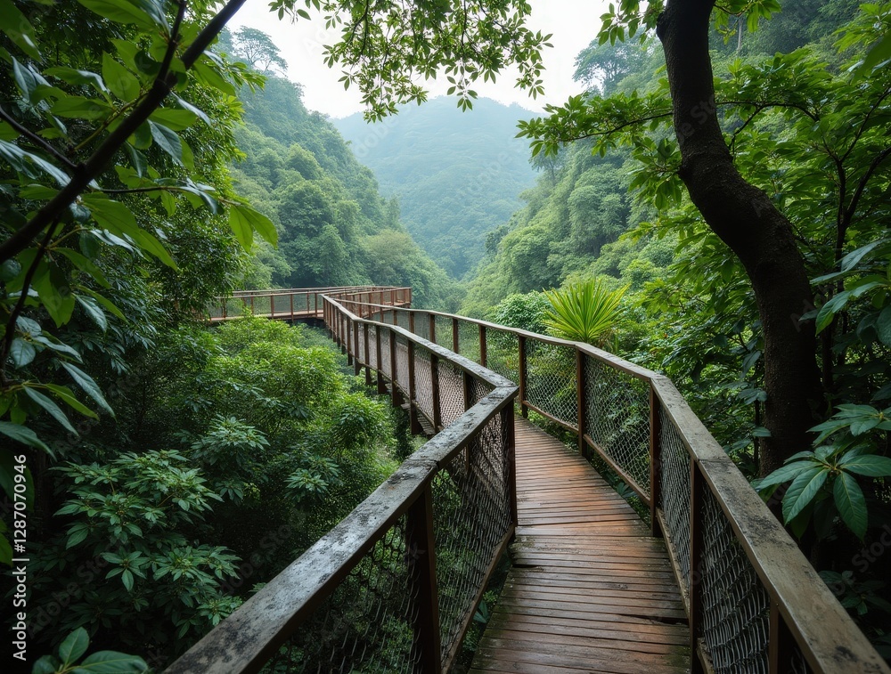 Wooden treetop canopy walkway over lush rainforest with vibrant jungle floor view Wooden treetop canopy walkway over lush rainforest with vibrant jungle floor view