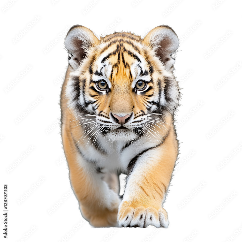 Close-up of a young tiger cub walking confidently towards the camera Close-up of a young tiger cub walking confidently towards the camera