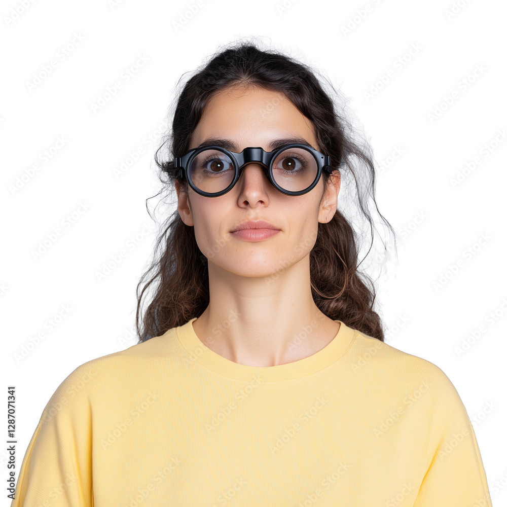 Obraz premium Woman with large glasses and yellow sweater on transparent background