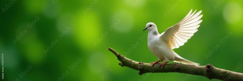 Dove perched on a green branch with outstretched wings, calm, dove, serene Dove perched on a green branch with outstretched wings, calm, dove, serene