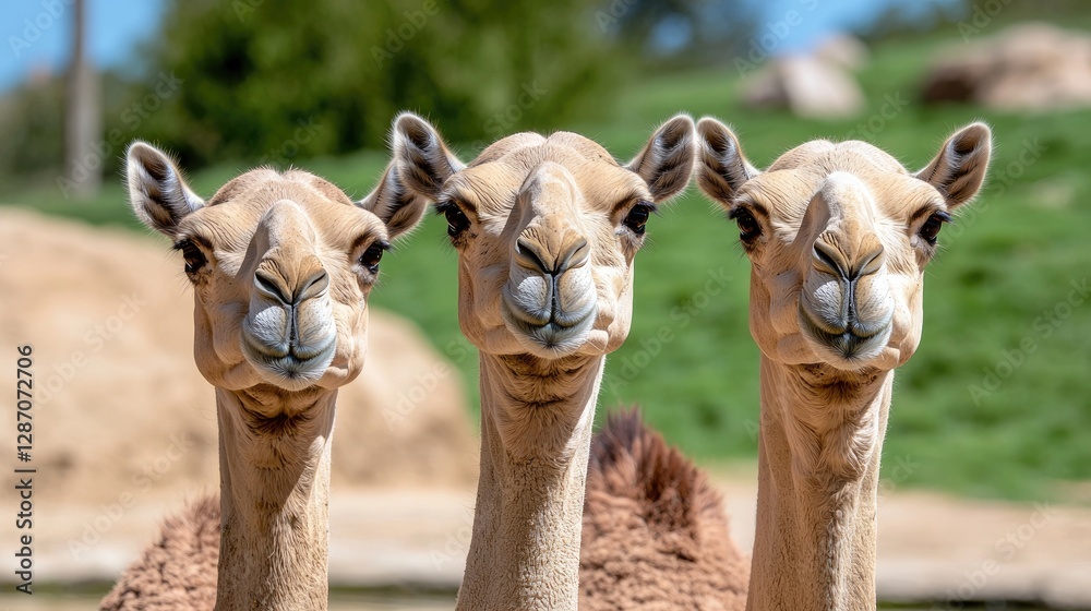 Naklejka premium Three Camels Facing Forward in Zoo