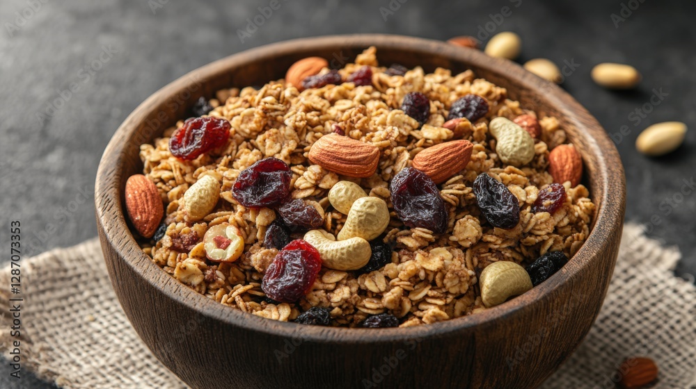 Close-up view of granola mix with nuts and dried fruits in a rustic bowl Close-up view of granola mix with nuts and dried fruits in a rustic bowl