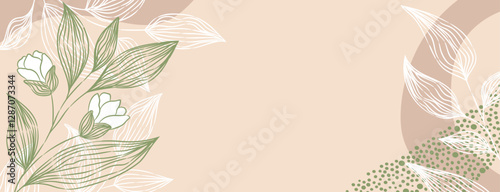 Delicate floral background with soft beige tones. Green leaves, white flowers, and abstract elements. Design for banner, website, flyer, cover. Vector illustration