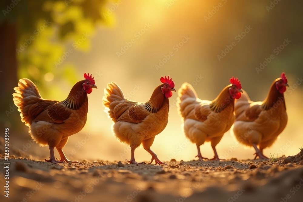 Fototapeta premium Several hens roaming freely, dust bathing in sun, bird, farm