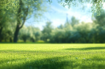 Beautiful blurred background image of spring nature with a neatly trimmed lawn surrounded by trees against a blue sky with clouds on a bright sunny day.