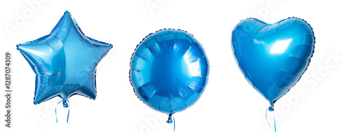 Blue foil balloons in star, round, and heart shapes on isolated transparent background. Сutout PNG file