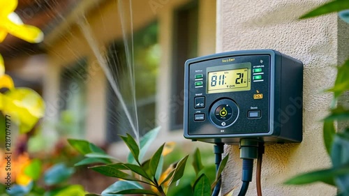 A digital irrigation timer affixed to an exterior wall with a background of leaves.