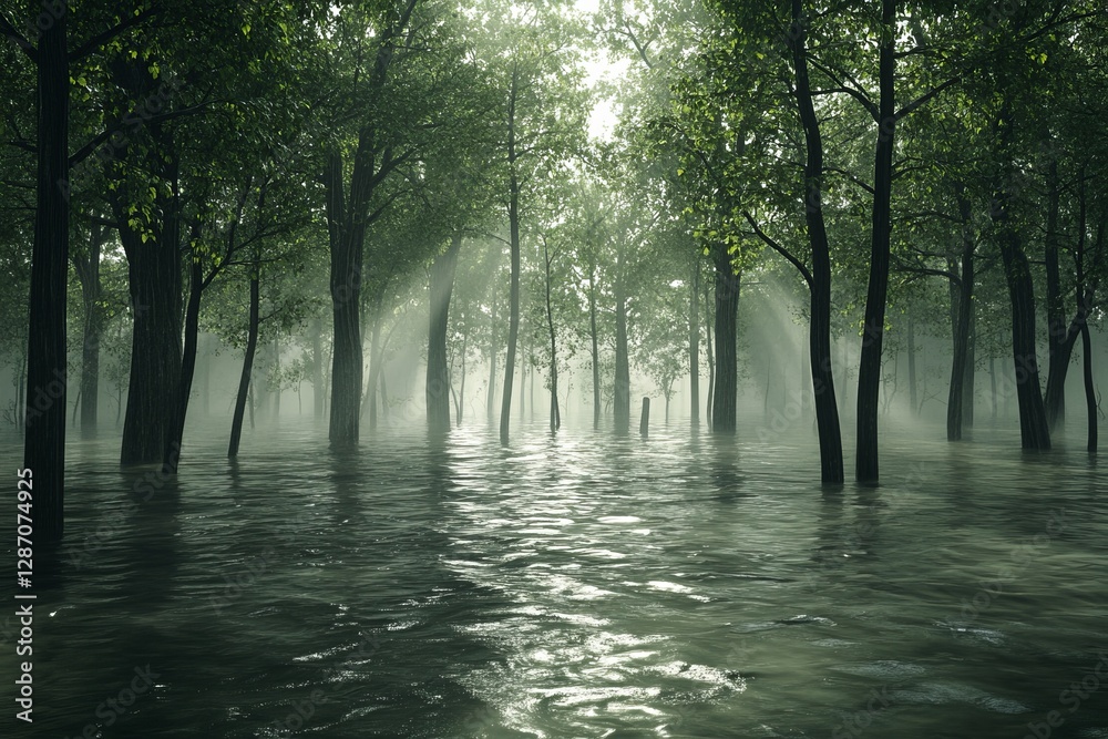 Obraz premium Flooded Forest Mysterious Green Trees Sunbeams Water Nature Scene Tranquil Atmospheric Peaceful Serene Magical Dreamlike Enchanting Mystical