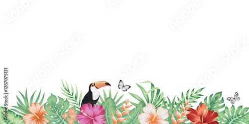 Tropical palm leaves, hibiscus flower,  toucan bird, butterfly botanical border. Exotic jungle banner.	
