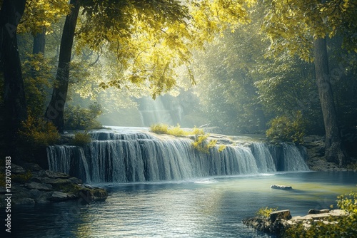 Refreshing waterfall cascading into a tranquil pool surrounded by lush greenery at dawn