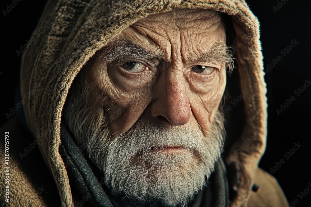 Portrait of an elderly man with a serious expression and deep-set eyes wearing a hood Portrait of an elderly man with a serious expression and deep-set eyes wearing a hood
