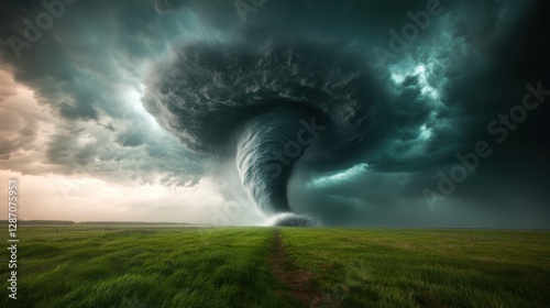 A powerful tornado spirals into the sky, creating a dramatic scene over a vibrant green landscape, encapsulating the raw energy and unpredictability of nature.