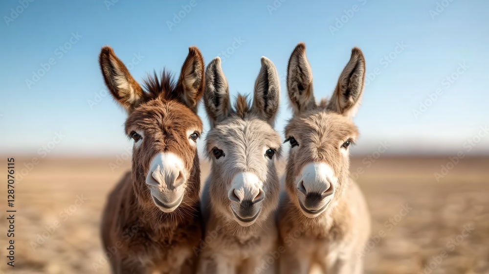 Three friendly donkeys stand closely together in a sunny field, their bright faces and playful demeanor radiating joy, capturing their loving bond in the moment. Three friendly donkeys stand closely together in a sunny field, their bright faces and playful demeanor radiating joy, capturing their loving bond in the moment.