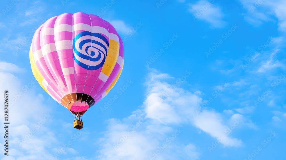 Fototapeta premium Pink hot air balloon soaring, blue sky, clouds, travel