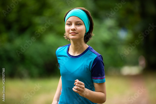 Beautiful teen girl in sports clothes doing sports outdoors in park in summer