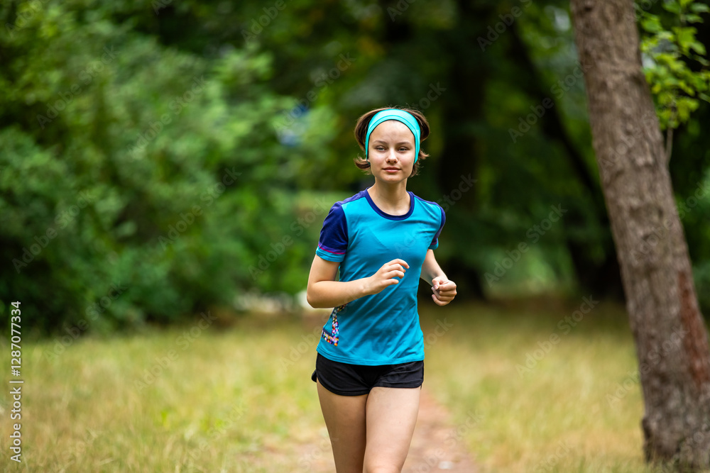 Beautiful teen girl in sports clothes doing sports outdoors in park in summer