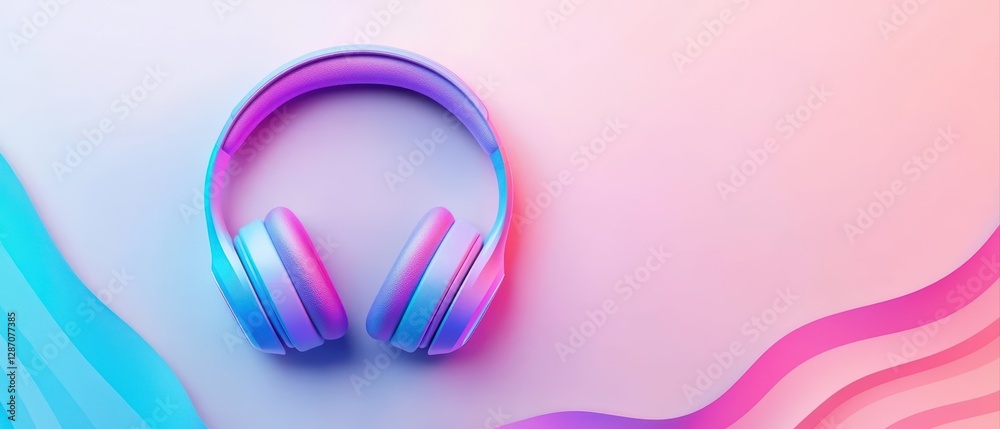 A colorful pair of headphones rests on a soft gradient background, showcasing a blend of pink and blue hues. A colorful pair of headphones rests on a soft gradient background, showcasing a blend of pink and blue hues.