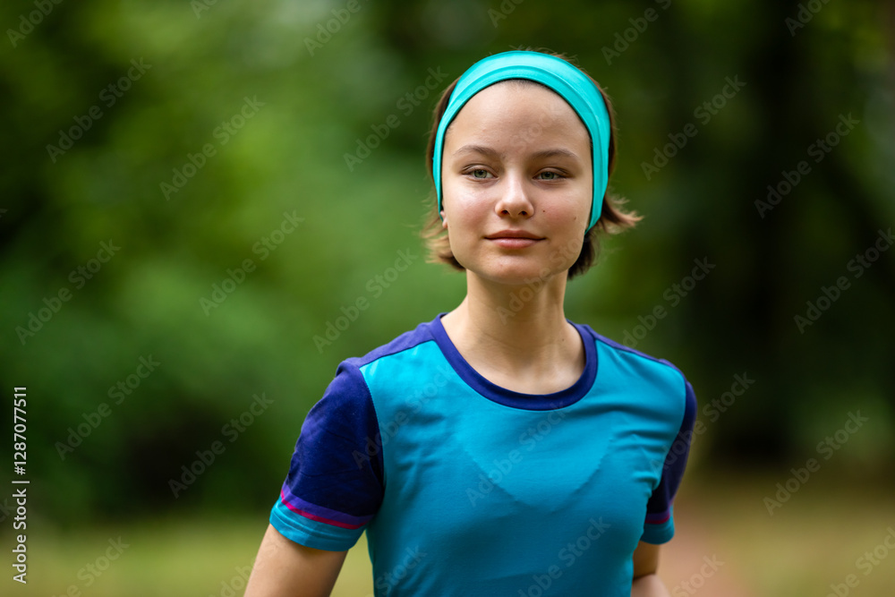 Beautiful teen girl in sports clothes doing sports outdoors in park in summer