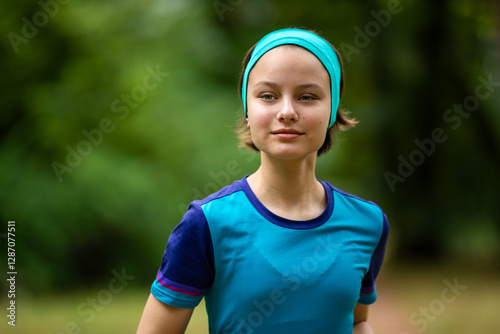 Obraz na płótnie Beautiful teen girl in sports clothes doing sports outdoors in park in summer w salonie