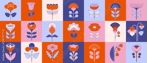 Geometric flowers collection, Nordic, Scandinavian style flowers illustrations. Red, blue modern flowers design