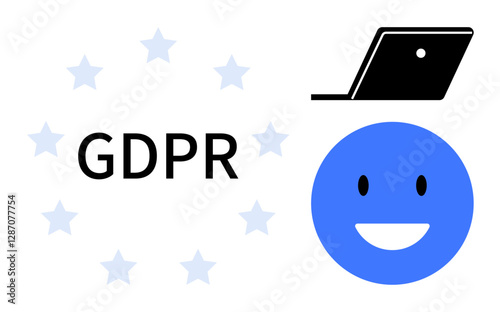 Stars encircle GDPR, laptop, blue happy face indicating data privacy, compliance, digital security. Ideal for privacy policies, online security, data management, user consent digital ethics EU