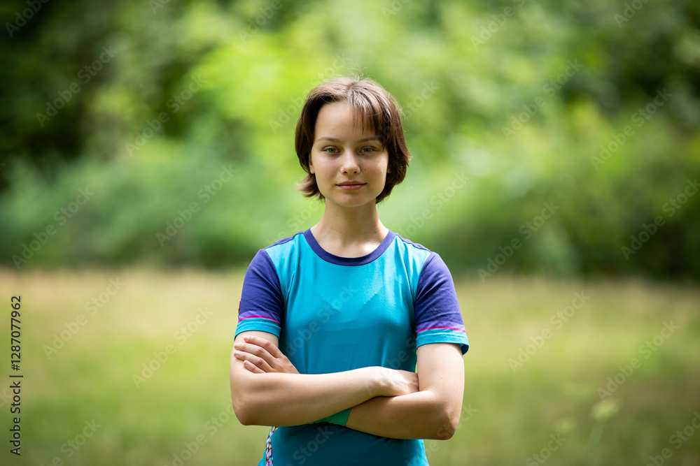 Portrait of beautiful teen girl in sports clothes outdoors in park in summer