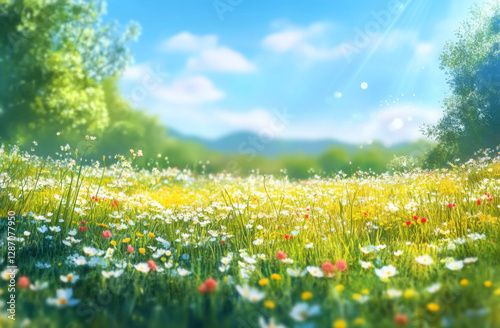 Beautiful blurred spring background nature with blooming glade chamomile, trees and blue sky on a sunny day. 
