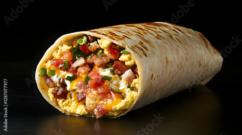 A breakfast burrito stuffed with scrambled eggs bacon cheese and salsa.