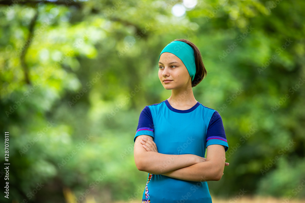 Portrait of beautiful teen girl in sports clothes outdoors in park in summer
