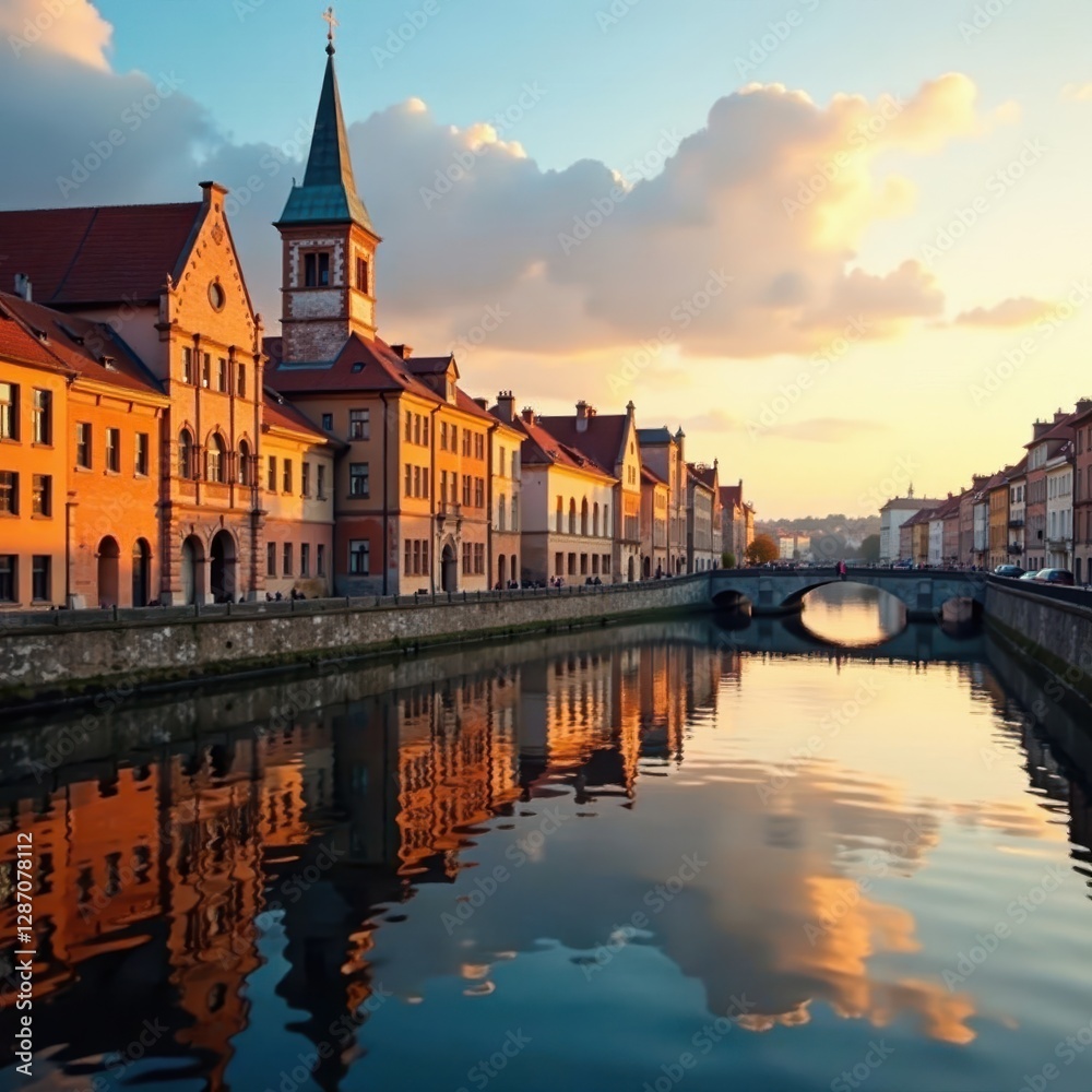Fototapeta premium Golden light on historic buildings, reflections in the water, water, Italy, Venice