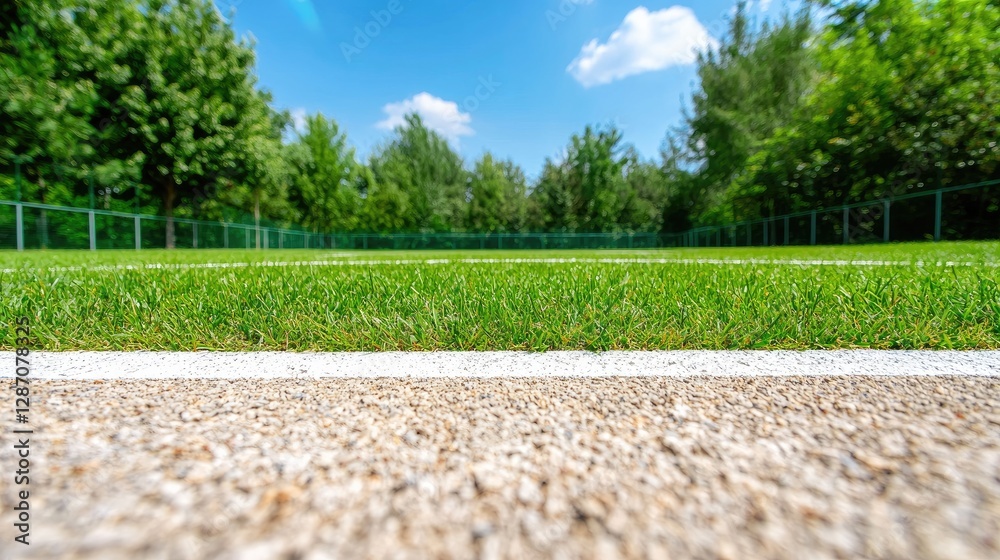 Obraz premium Green grass field, sunny day, trees background, sports