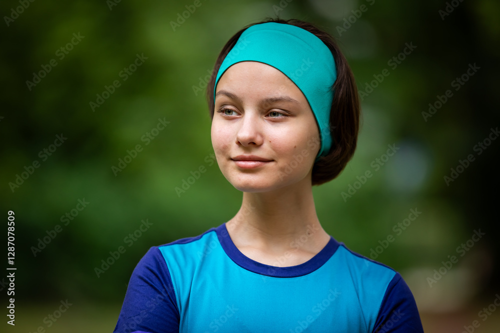 Portrait of beautiful teen girl in sports clothes outdoors in park in summer