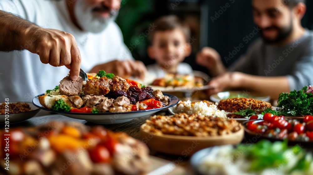 Muslim Family Enjoying A Meal Together At A Table Full Of Food Dishes Muslim Family Enjoying A Meal Together At A Table Full Of Food Dishes
