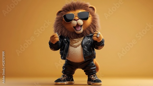 Fototapeta Cool lion cub in sunglasses, leather jacket, gold chain, against plain background, for kids' apparel