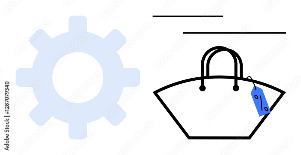 Obraz premium Gear icon next to a handbag with a price tag and abstract lines. Ideal for e-commerce, retail technology, shopping efficiency, online retail, automation in sales, modern retail concepts, abstract