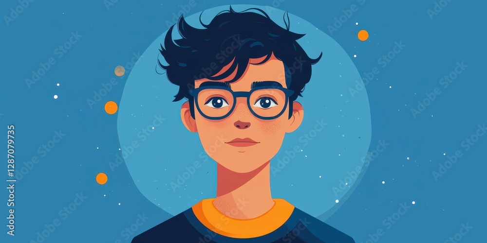 Illustration of a Young Person with Glasses and Short Dark Hair on a Blue Background with Orange Dots and a Circular Pattern Illustration of a Young Person with Glasses and Short Dark Hair on a Blue Background with Orange Dots and a Circular Pattern