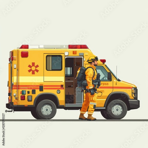 Wallpaper Mural A dedicated firefighter in protective gear stands in profile next to a brightly colored rescue ambulance, ready to respond to emergencies. Torontodigital.ca