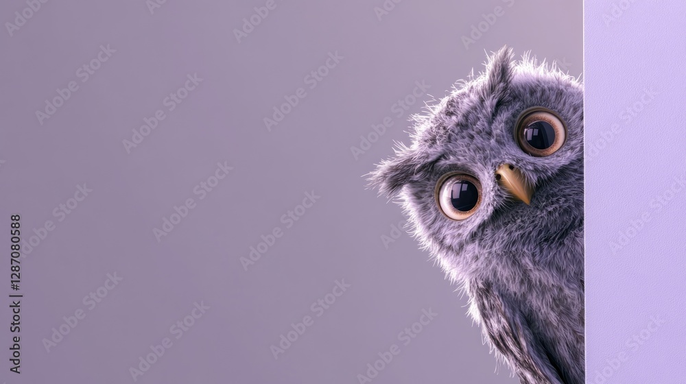 Fototapeta premium Curious owl peeking from wall, pastel background, website banner