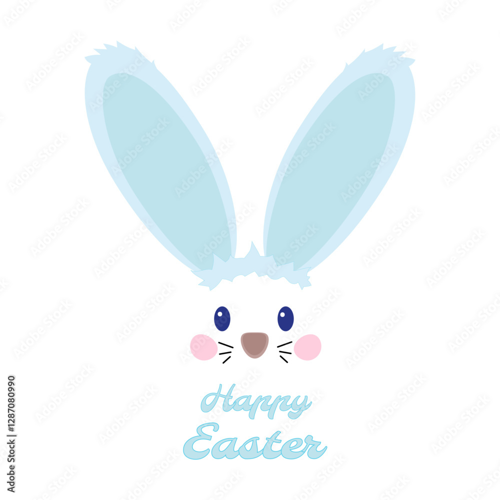 Fototapeta premium Face of funny bunny on white background. Easter greeting. Easter card, poster, invitation card. Illustration in flat style