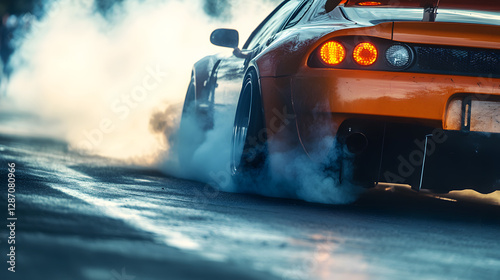 A sports car mid-burnout at a tuning event rear tires smoking and leaving marks on the asphalt.