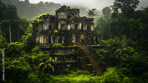 A lost jungle island covered in thick vegetation with ancient ruins hidden among the dense trees.