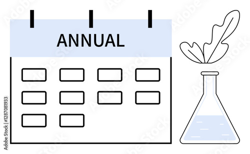 Calendar marked annual next to a beaker with a leaf growing, highlighted in light blue and black. Ideal for time management, planning, growth, sustainability, science, research, productivity