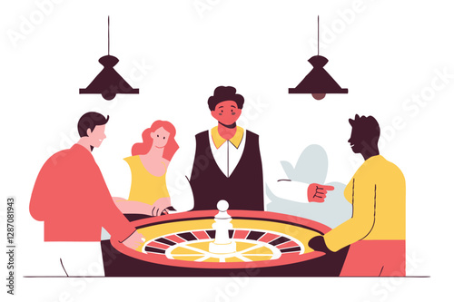 Casino croupier vector illustration, professional dealer at table, gambling theme, casino worker, roulette table, poker chips, vector art