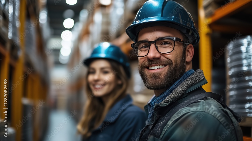Warehouse clerks smiling and collaborating while working in a storage facility with safety equipment during the day Warehouse clerks smiling and collaborating while working in a storage facility with safety equipment during the day