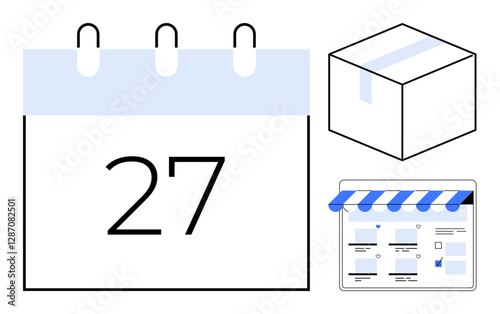 Calendar with date 27, cardboard box, and web storefront highlight key elements of e-commerce and scheduling. Ideal for planning, online shopping, logistics, delivery services, date reminders