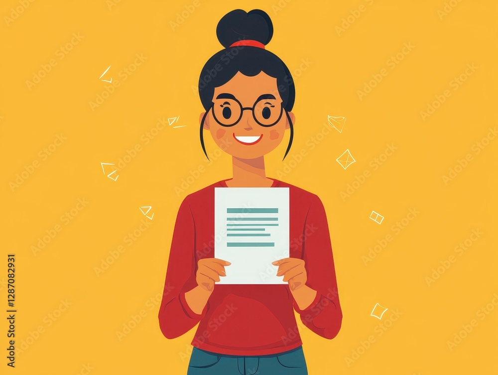 Illustration of a Character Holding a Document with a Bright Yellow Background and Geometric Shapes Encircling in a Minimalist Style Illustration of a Character Holding a Document with a Bright Yellow Background and Geometric Shapes Encircling in a Minimalist Style